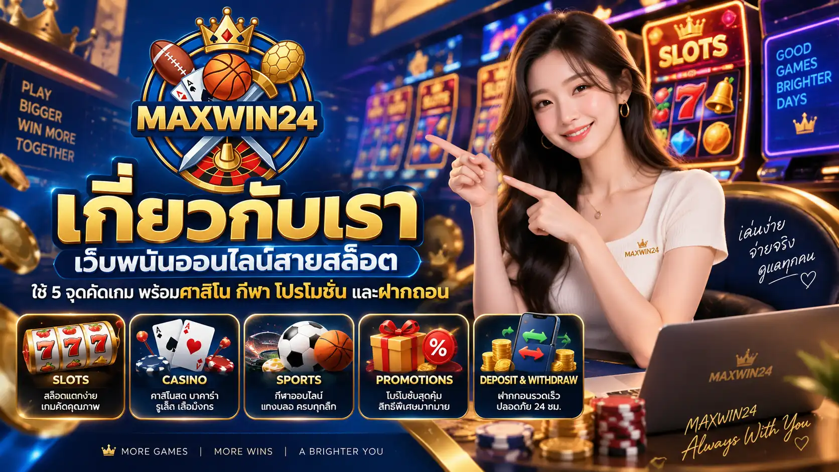 เกี่ยวกับเรา maxwin24 เว็บพนันออนไลน์สายสล็อต ใช้ 5 จุดคัดเกม เช็ก RTP รูปแบบการจ่าย โปรโมชั่น ฝากถอน คาสิโน และกีฬา