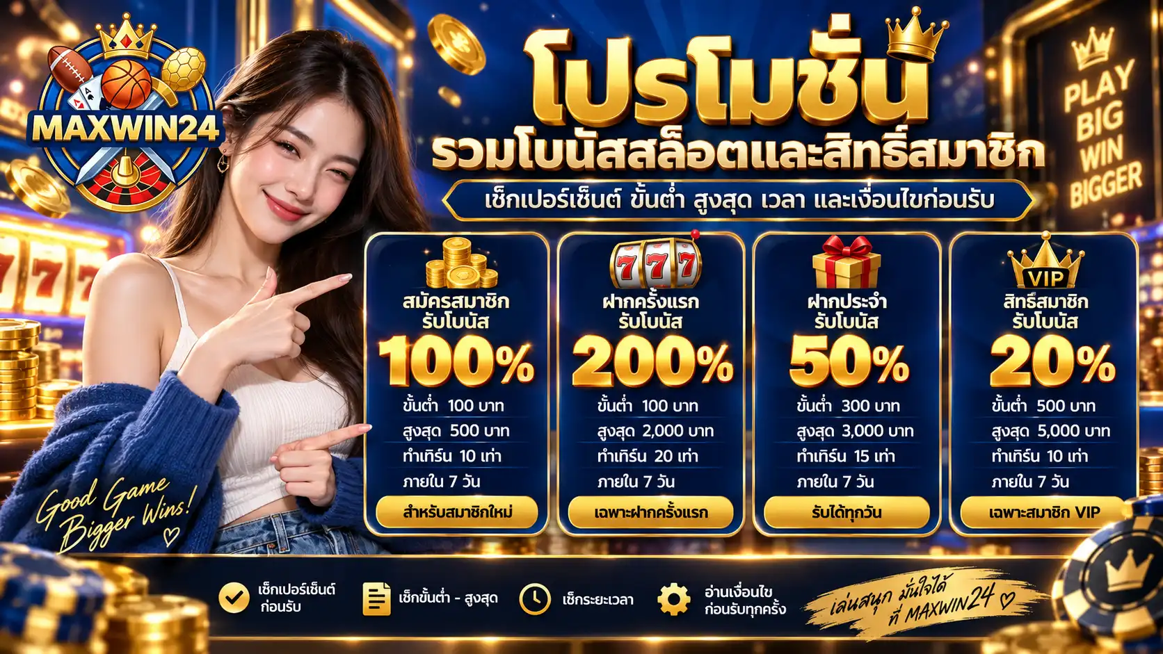 โปรโมชั่น maxwin24 รวมโบนัสสมาชิกใหม่ 100% ฝากครั้งแรก 200% ฝากประจำ 50% และสิทธิ์สมาชิก VIP 20%